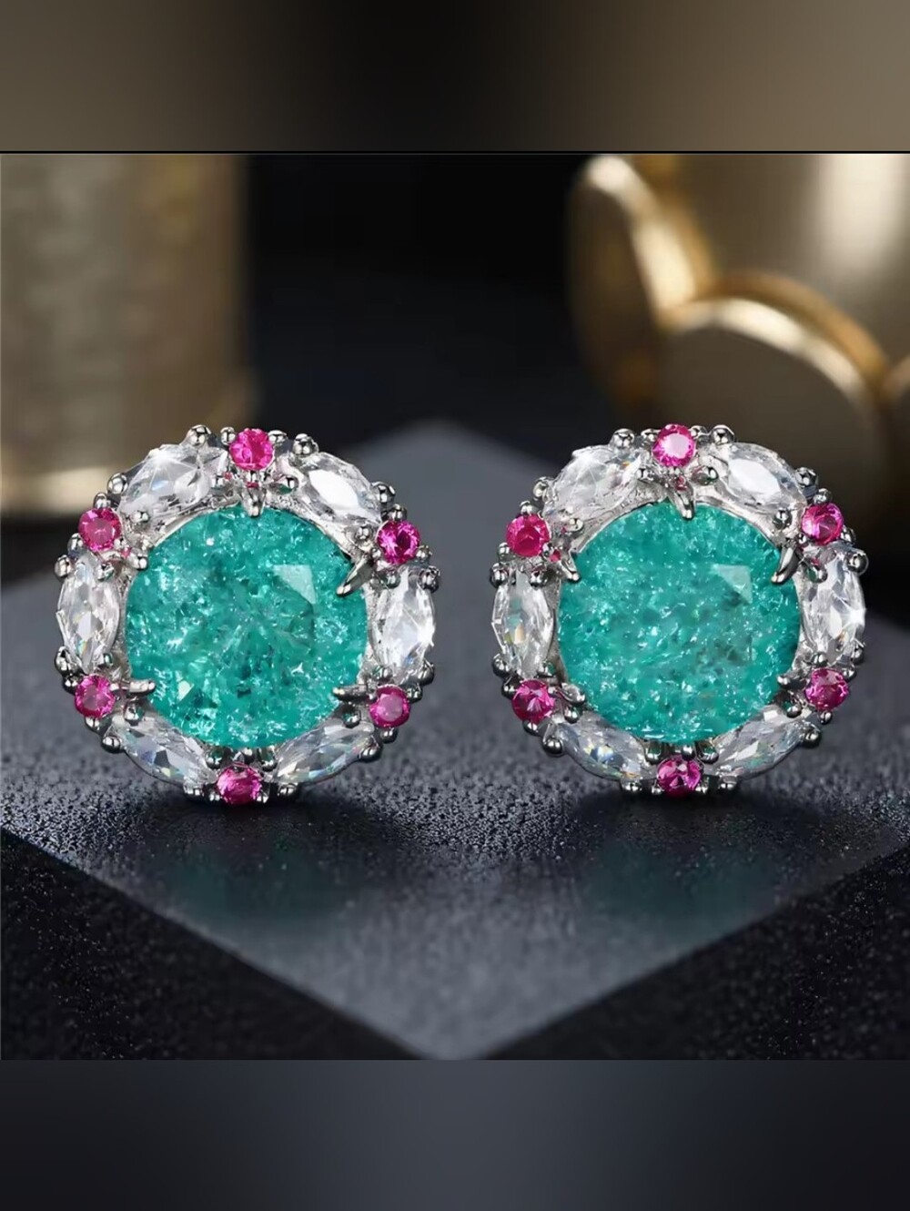 White Rhodium Paraiba Tourmaline Turquoise Halo Clip Earrings